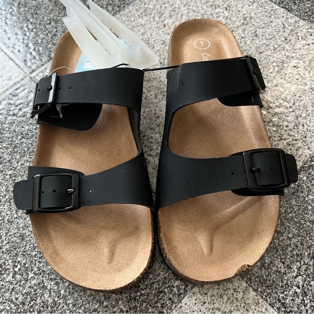 NWT Cat & Jack Kids Drew Footbed Sandals- Black Double-Strap Size 1 - Picture 2 of 6